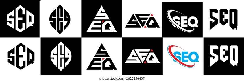 SEQ diseño de la letra del logotipo en seis estilos. SEQ polígono, círculo, triángulo, hexágono, estilo plano y simple con logo de letra de variación de color blanco y negro en una mesa de trabajo. Logotipo SEQ minimalista y clásico