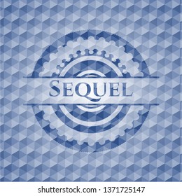 Sequel blue emblem or badge with abstract geometric polygonal pattern background.