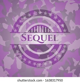 Sequel pink and purple camouflaged emblem. Vector Illustration. Detailed.