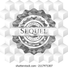 Sequel realistic grey emblem with geometric cube white background. 