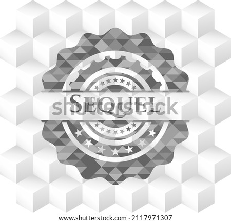 Sequel realistic grey emblem with geometric cube white background. 