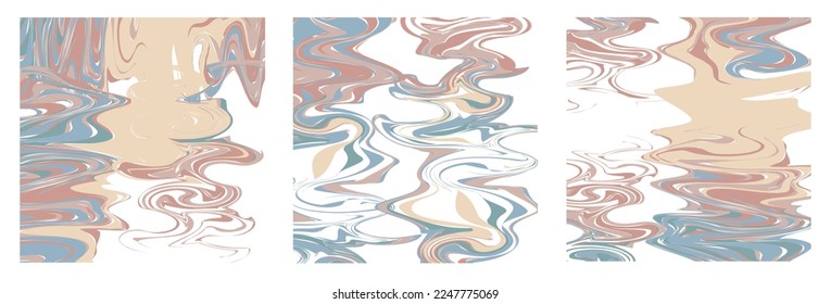 Sequence of abstract minimalist illustrations in the Marbling style. Curves imitating paints in yellow, green, blue and pink colors. Vector illustration isolated on white background.
