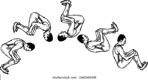 Sequence of an acrobat doing a forward-flip somersault. Hand drawn vector illustration. 