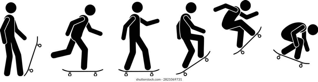 A sequence of black stick figure icons showing the step by step progression of a skateboarder performing a trick