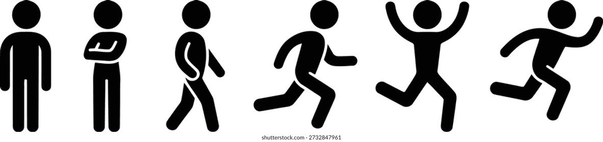 A sequence of black stick figures illustrates various human movements, starting from a still stance, walking, and escalating to a full run.