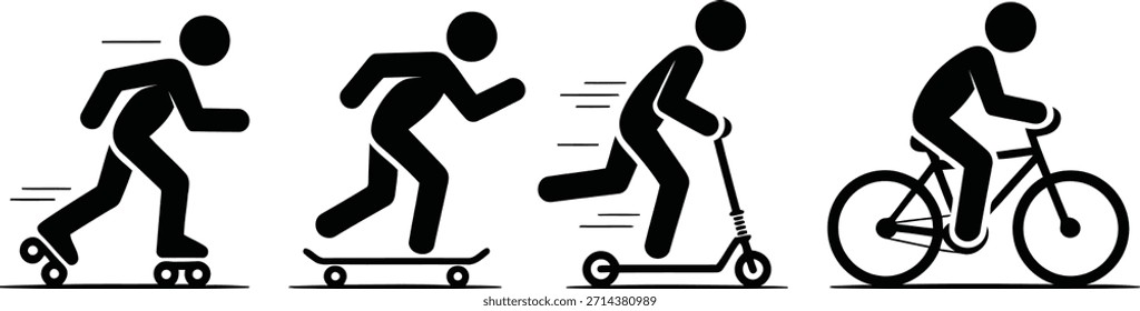 A sequence of black stick figures showing diverse wheeled activities such as rollerblading, skateboarding, scootering, and biking.