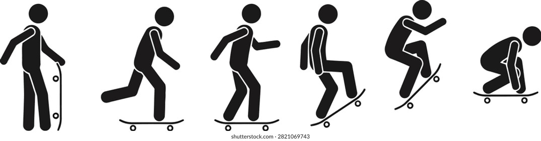 A sequence of black and white stick figure illustrations showing a person learning how to ride a skateboard progression