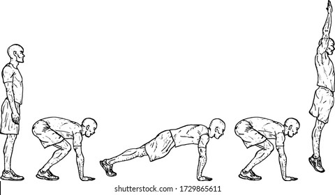 Sequence of a boy doing the burpee exercise. Hand drawn vector illustration.