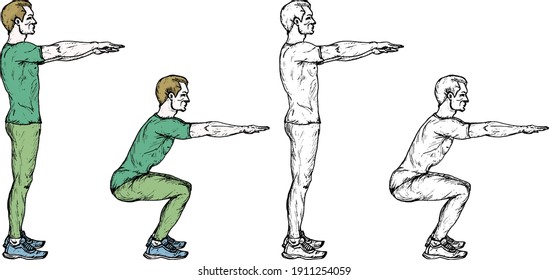 Sequence of a boy executing the squat exercise. Hand drawn vector illustration.