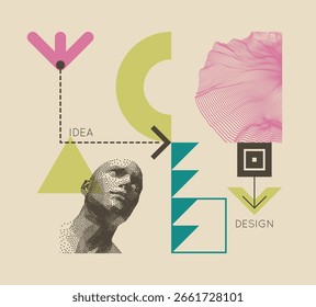 Sequence of business steps. Planning to achieve the goal. Discovery, studying and learning concept. Time to think. Art composition. Digital human head constructing from dots. Illustration for design.