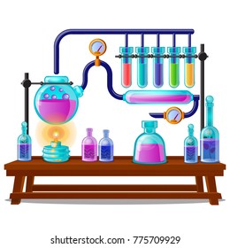 Secuencia de reacciones químicas de color, etapas de creación de pociones mágicas aisladas en fondo blanco. Ilustración de la caricatura vectorial.