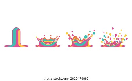 Sequence of colorful paint splash keyframes showing the step by step animation of liquid dripping and exploding.
