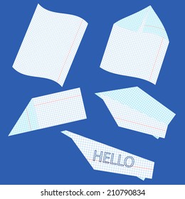 Sequence of creation the paper airplane from a sheet of school notebook, vector illustration