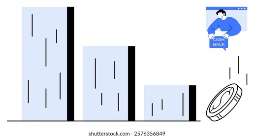 A sequence of descending bar graphs next to a coin and a person holding a sign, that reads Cash Back Ideal for financial services marketing promotions business analytics cashback offers investment
