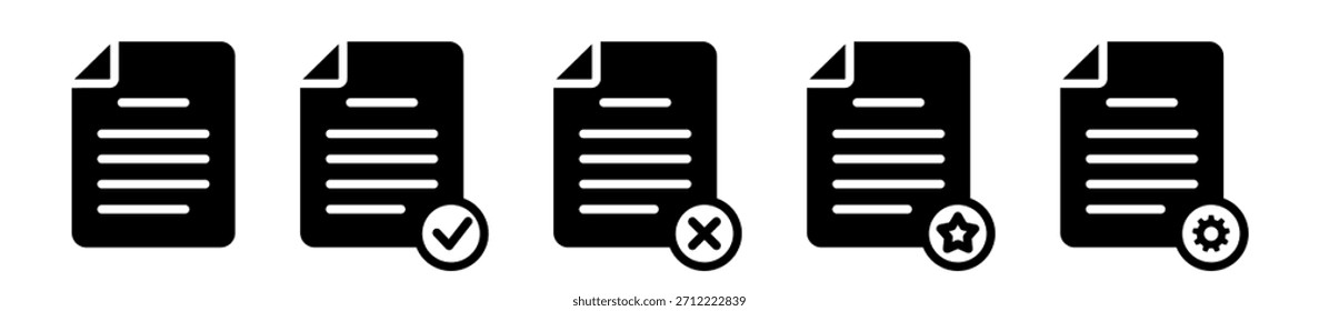 Una secuencia de íconos de documentos con diversos símbolos de Estado para el flujo de trabajo, la Aprobación y los sistemas de revisión.