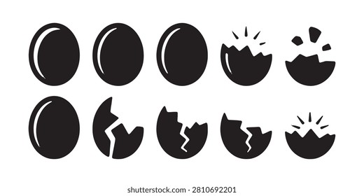 Sequence of eggs illustrating life cycle, new beginning, and birth concepts with cracked shell stages.