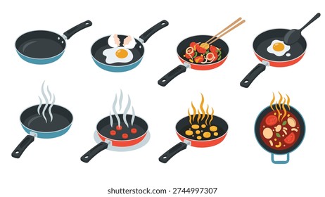 Sequence of eight frying pans demonstrating various stages of cooking different dishes like eggs, vegetables, and hot soup.
