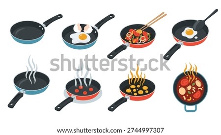 Sequence of eight frying pans demonstrating various stages of cooking different dishes like eggs, vegetables, and hot soup.