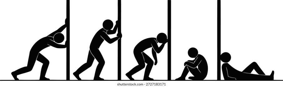 Uma sequência de cinco figuras ilustra vividamente os estágios da luta humana, desde o esforço extenuante contra obstáculos até o eventual colapso físico e emocional.