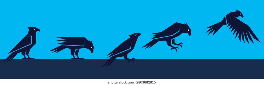 A sequence of five stylized dark blue birds on a blue background, illustrating a progression from standing to flight.