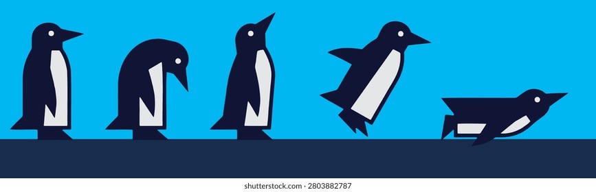 A sequence of five stylized penguins in silhouette, illustrating a progression from standing to diving. The penguins are depicted against a bright blue background with a dark blue foreground.