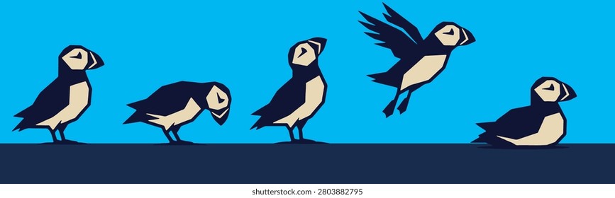 A sequence of five stylized puffins illustrating different actions, from standing and bending to flying and sitting, against a solid blue background.