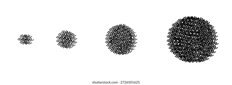 Sequência de quatro círculos pretos pontilhados em tamanhos crescentes em um fundo branco, simbolizando crescimento, expansão e progressão.