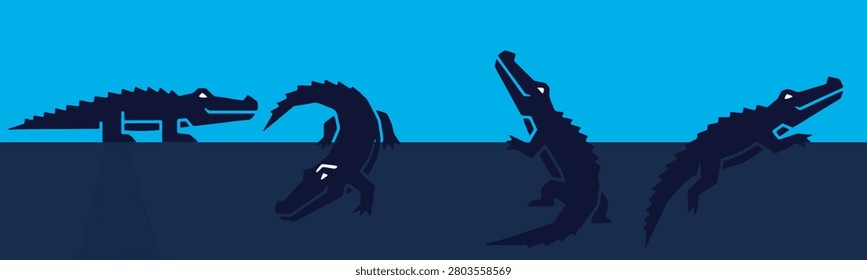 A sequence of four stylized dark blue alligators against a bright blue background, depicting different poses and movements in the water.