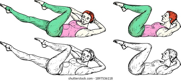 Sequence of a girl doing the crisscross crunch exercise for the abdomen muscle. Hand drawn vector illustration.