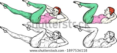 Sequence of a girl doing the crisscross crunch exercise for the abdomen muscle. Hand drawn vector illustration.