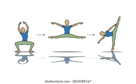 Sequence of gymnast performing ballet dance moves leap and vertical split pose