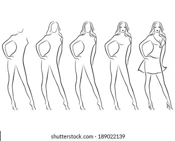 Sequence of hand drawing creation a beautiful female vector contour