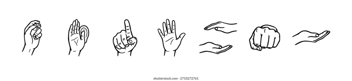 A sequence of hand gesture icons showing listing motions. A visual concept inspired by sign language and non-verbal communication.
