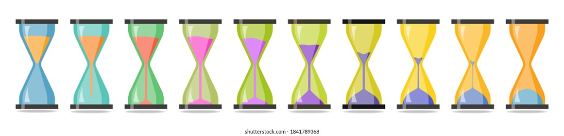 Sequence of hourglasses with pouring sand.The colors change to opposite as time goes on.