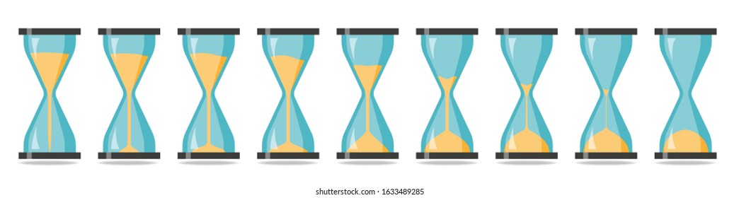 Sequence of hourglasses where time passes and the sand is pouring down.