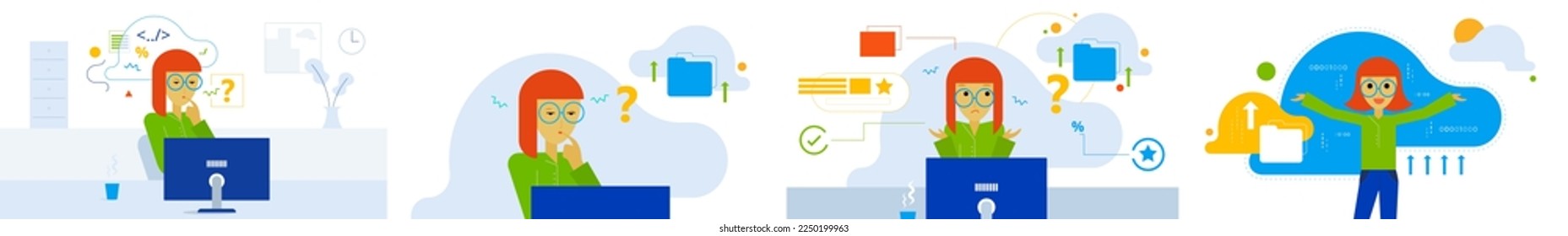 A sequence of illustrations featuring a tech worker solving problems relating to data, analytics and cloud computing
