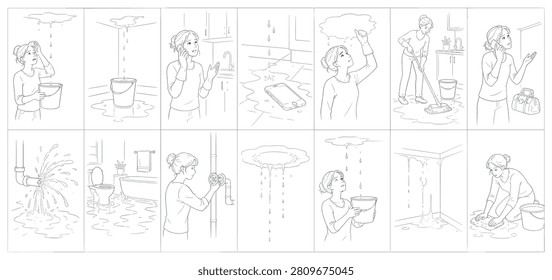 A sequence of illustrations showing different scenarios of water damage and leaks in a home, with a woman attempting to manage the situation