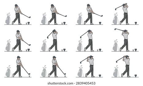 A sequence of illustrations showing a golfer in various stages of a swing, preparing to hit a golf ball.