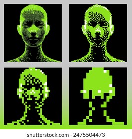 Sequence of images with a man's head that goes down in resolution. Vector conceptual illustration of quality loss during copying and compression.