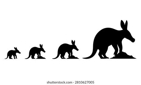 Sequence of kangaroo silhouettes increasing in size from small to large, illustrating growth and scale in wildlife imagery.