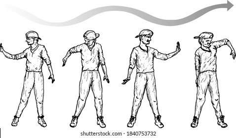 Sequence of a male dancer doing the hand wave. Hand drawn vector illustration.  