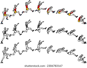 Sequence of male long jumper athlete perform the long jump event, isolated against white. Hand drawn vector illustration.