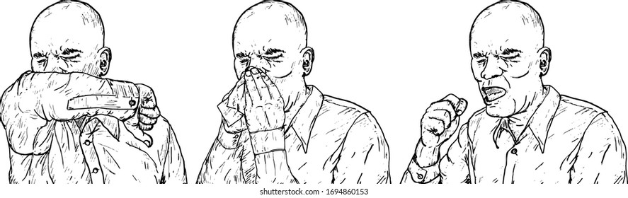 A sequence of man sneezing: uncovered, with a tissue and over his elbow. Hand drawn vector illustration.