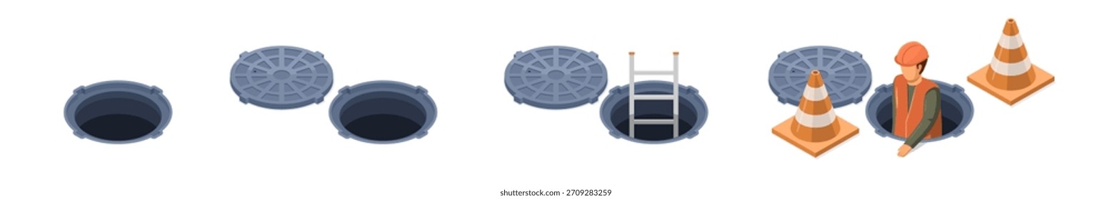 Sequence of manhole cover removal and worker in orange safety gear descending into sewer