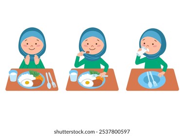 Sequence of muslim girl praying before eat, enjoy meal and drink the water