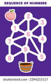 Sequence numbers maze for children help put the peach into the basket printable fruit worksheet
