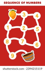 Sequence numbers maze for children help put the mango into the basket printable fruit worksheet