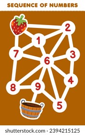 Sequence numbers maze for children help put the strawberry into the basket printable fruit worksheet