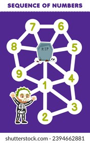 Sequence numbers maze for children help skeleton boy move to tombstone printable halloween worksheet