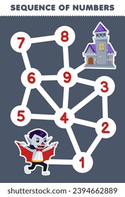 Sequence numbers maze for children help dracula move to the castle printable halloween worksheet